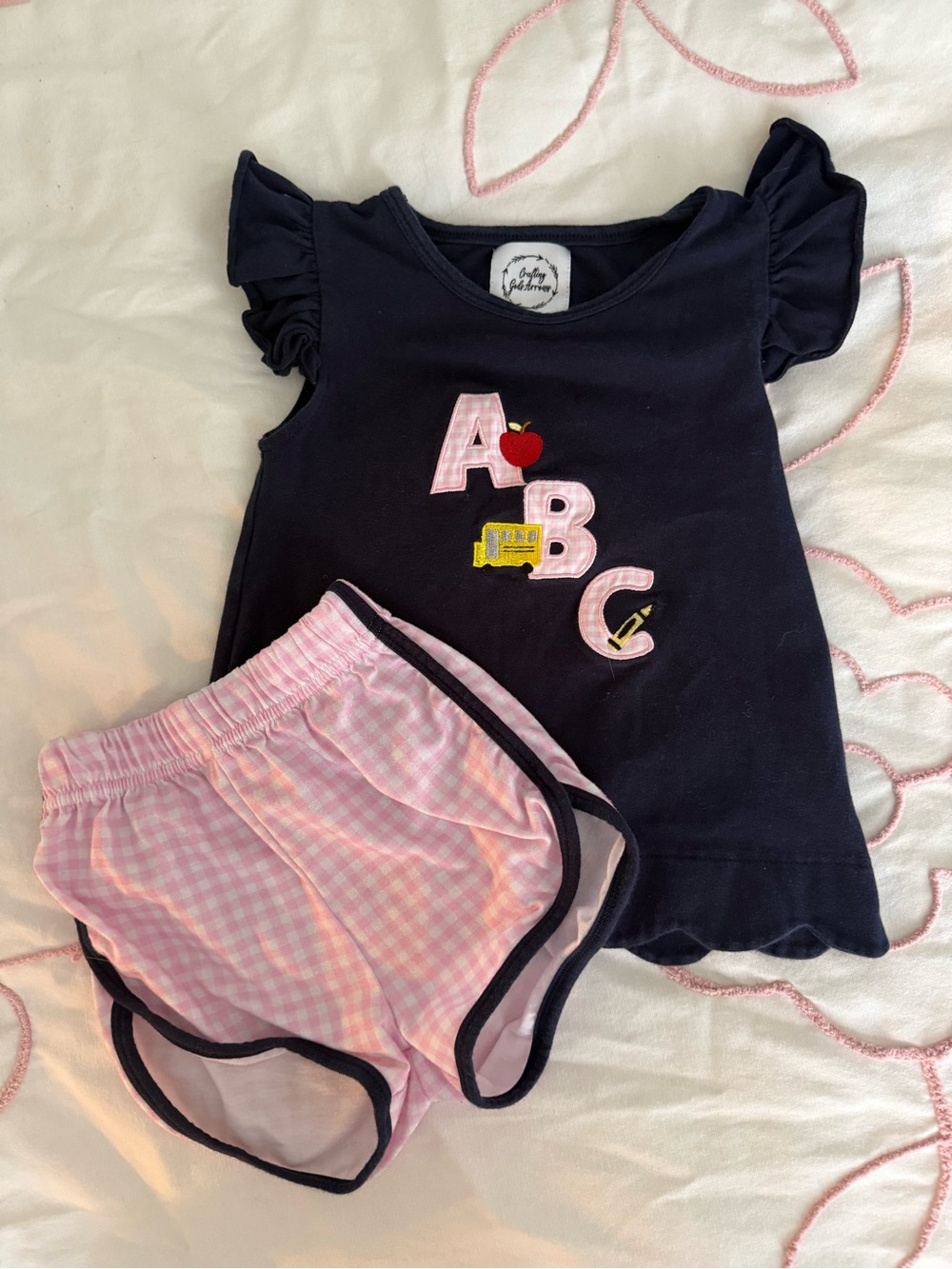 Kids Navy ABC Top & Pink Gingham Shorts Set “back to school”